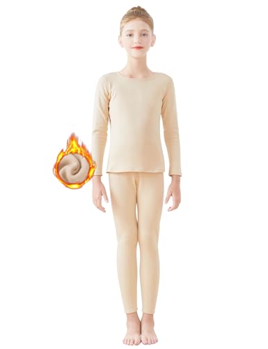 Dayrose Mädchen Unterwäsche Set, Langarm Mädchen Base Layer Set mit Top und Lange Unterhose für Ballett/Gymnastik, Mit hautfarbenem Fleece gefüttert, 9-10 Jahre von Dayrose