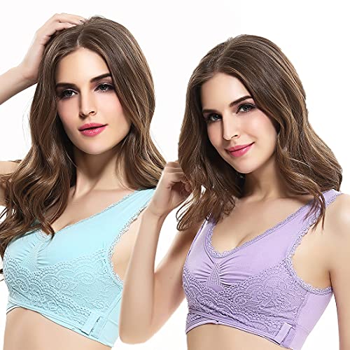 Daysskk 2 Pack Damen Sport BH Front Closure Büstenhalter Sport Ohne Bügel Sport BH Spitzen für Fitness Training Joggen Yoga L von Daysskk