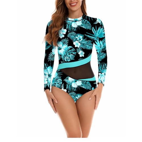 Daysskk Badeanzug Damen One Piece Schwimmanzug Frauen Langarm Bademode Damen Blumen Badeanzug Damen Einteiler mit Reißverschluss Swimsuits for Women One Piece Push Up L von Daysskk