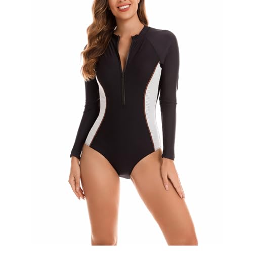 Daysskk Badeanzug Damen One Piece Schwimmanzug Frauen Langarm Bademode Damen Schwarz Badeanzug Damen Einteiler mit Reißverschluss Swimsuits for Women One Piece Push Up L von Daysskk