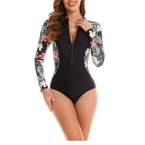 Daysskk Badeanzug Damen One Piece Schwimmanzug Frauen Langarm Bademode Damen Schwarz Badeanzug Damen Einteiler mit Reißverschluss Swimsuits for Women One Piece Push Up L von Daysskk