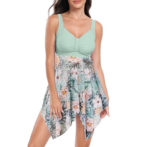 Daysskk Badebekleidung Damen Tankini Badekleid Damen Bauchweg Tankini Damen mit Shorts Bademode Damen Tankini Blumen Badeanzug Zweiteilig Damen Push Up M von Daysskk