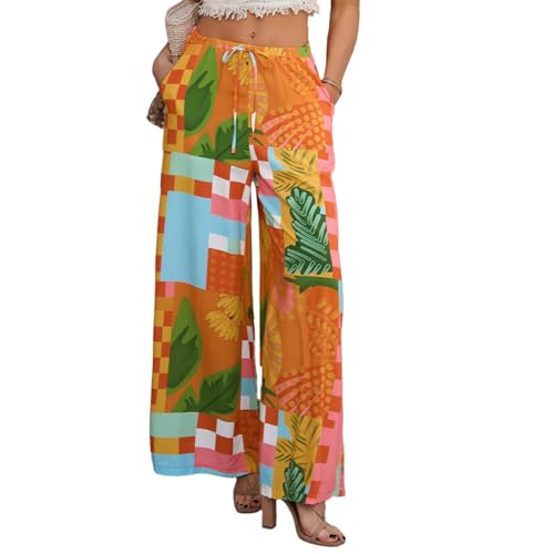 Daysskk Boho Hose Damen Lang Strandhose Leicht und Luftig Palazzo Hose Damen Sommer Blumen Sommerhose Elastischer Bund XL von Daysskk