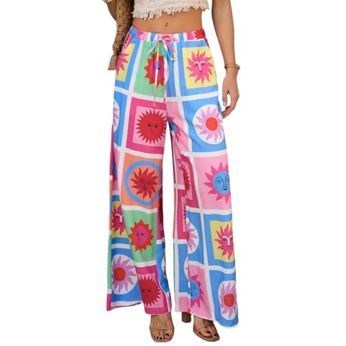 Daysskk Boho Hose Damen Lang Strandhose Leicht und Luftig Palazzo Hose Damen Sommer Blumen Sommerhose Elastischer Bund XL von Daysskk