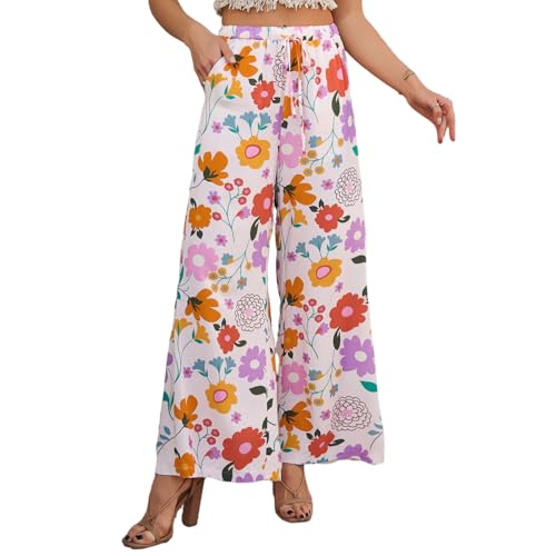 Daysskk Boho Sommerhose Damen Leicht Palazzo Hose Sommer Strandhose Blumen mit Taschen Weite Hose Damen Sommer L von Daysskk