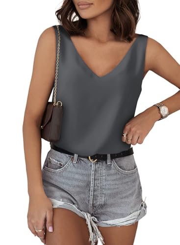Daysskk Damen Satin Tank Top Elegant Satin Top Damen Grau Damen Tank Top Ärmellose Bluse Sommer Damen Cami Top Elegant V-Ausschnitt S von Daysskk