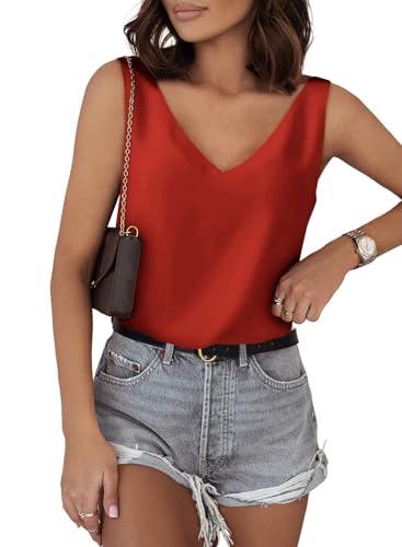 Daysskk Damen Satin Tank Top Elegant Satin Top Damen Rot Damen Tank Top Ärmellose Bluse Sommer Damen Cami Top Elegant V-Ausschnitt S von Daysskk