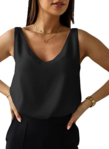 Daysskk Damen Satin Tank Top Elegant Satin Top Damen Schwarz Damen Tank Top Ärmellose Bluse Sommer Damen Cami Top Elegant V-Ausschnitt L von Daysskk