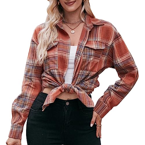 Daysskk Karierte Bluse Damen Langarm Kariertes Hemd Damen Oversize Trachtenbluse Damen Kariert Oktoberfest Damen Outfit Blusen Karamel XXL von Daysskk