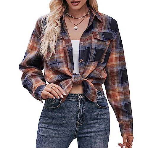 Daysskk Karierte Bluse Damen Langarm Kariertes Hemd Damen Oversize Trachtenbluse Damen Kariert Oktoberfest Damen Outfit Blusen Khaki L von Daysskk