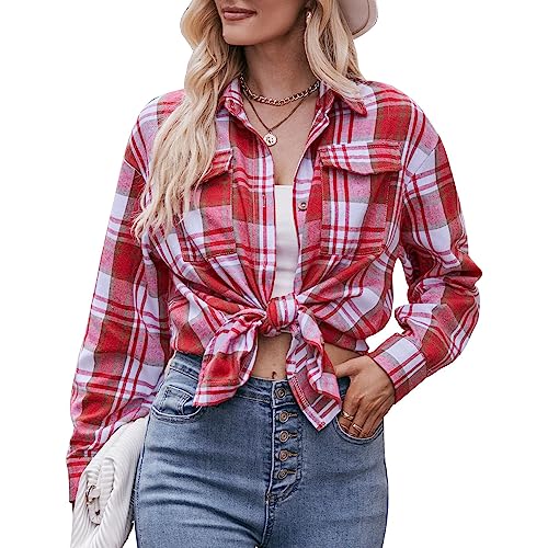 Daysskk Kariertes Hemd Damen Rot Karierte Bluse Damen Oktoberfest Kariertes Hemd Damen Tracht Bluse Damen Mit Knopfleiste Herbst XL von Daysskk