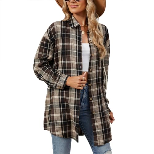Daysskk Karohemd Damen Oversize Weihnachtshemd Damen Langarmshirt Damen Kariert Braun Button Down Hemd Damen Herbst Kleidung Bluse Damen M von Daysskk