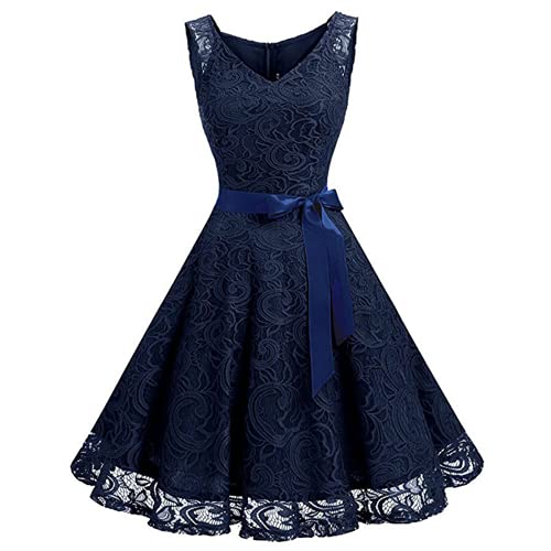 Daysskk Kleider Damen Festlich Knielang Abendkleider Elegant für Hochzeit Elegante Kleider Damen Spitze Cocktailkleid Damen Blau Abschlusskleid Knielang Damen Brautjungfernkleider Kurz ärmellos M von Daysskk