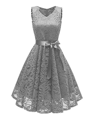 Daysskk Kleider Damen Festlich Knielang Abendkleider Elegant für Hochzeit Elegante Kleider Damen Spitze Cocktailkleid Damen Grau Abschlusskleid Knielang Damen Brautjungfernkleider Kurz ärmellos M von Daysskk