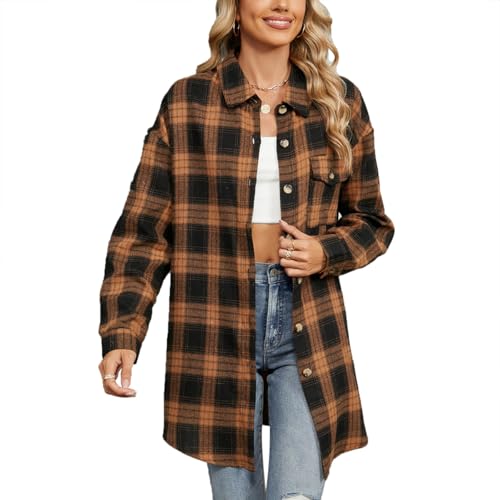 Daysskk Langarmshirt Damen Kariert Button Down Hemd Damen Herbst Kleidung Damen Hemd Locker Langarm Damen Karohemd Kaffee Damen Oversize XL von Daysskk