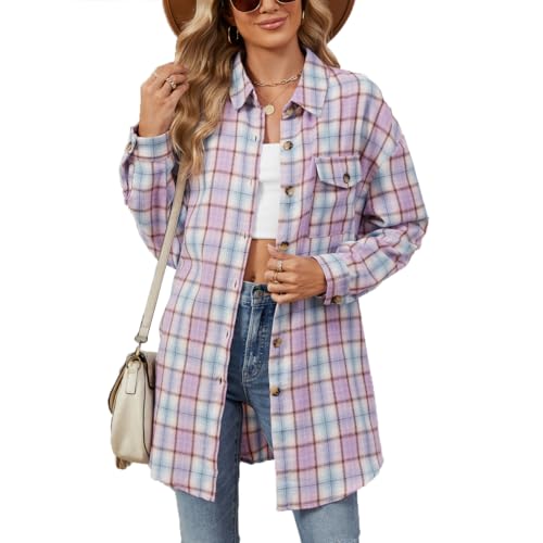 Daysskk Langarmshirt Damen Kariert Button Down Hemd Damen Herbst Kleidung Damen Hemd Locker Langarm Damen Karohemd Violett Damen Oversize XL von Daysskk