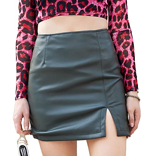 Daysskk Lederrock Damen Grün Minirock mit Schlitz Hohe Taille Winterrock Damen Leder Rock Kurz S von Daysskk