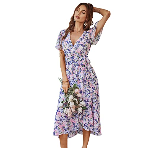 Daysskk Maxikleid Damen Sommer Strandkleid Damen Lang Wickelkleid Damen Elegant V-Ausschnitt Sommerkleid Damen Lang Blumen Boho Kleidung Damen L von Daysskk