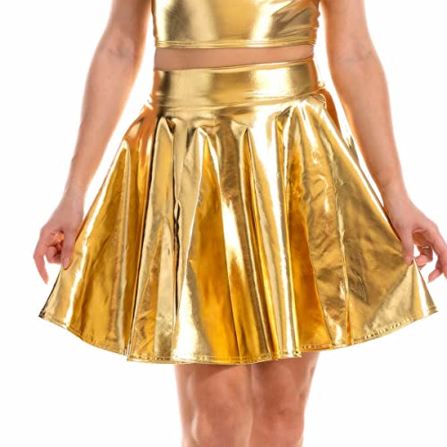 Daysskk Minirock Damen Gold Metallischen Faltenrock Damen Hohe Taille Minirock Metallic Karneval Fasching Skaterrock Wetlook Rock Damen XL von Daysskk