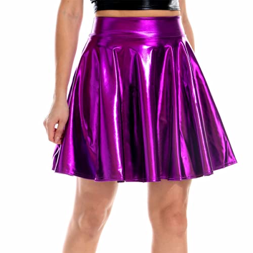 Daysskk Minirock Damen Lila Metallischen Faltenrock Damen Hohe Taille Minirock Metallic Karneval Fasching Skaterrock Wetlook Rock Damen Xl von Daysskk