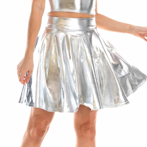 Daysskk Minirock Damen Silber Metallischen Faltenrock Damen Hohe Taille Minirock Metallic Karneval Fasching Skaterrock Wetlook Rock Damen Xl von Daysskk