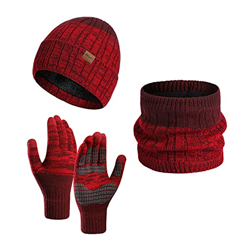 Daysskk Mütze Schal Handschuhe set Damen Warmes Set Wintermütze Beanie Damen Touchscreen Handschuhe Strickmütze Damen Winter Weihnachtsgeschenke für Frauen Rot von Daysskk