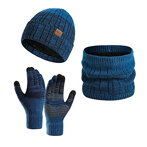 Daysskk Mütze Schal Handschuhe set Herren Warmes Set Wintermütze Beanie Herren Touchscreen Handschuhe Strickmütze Herren Winter Weihnachtsgeschenke für Männer Blau von Daysskk