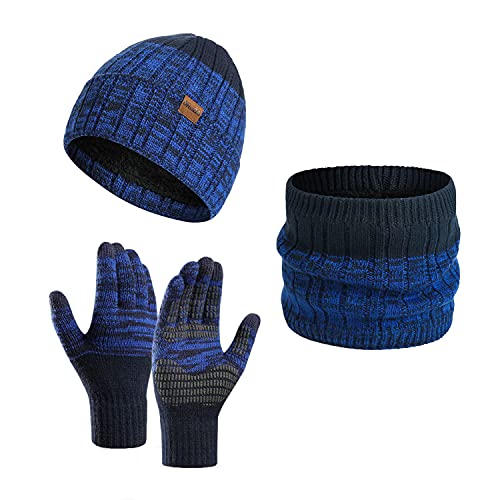 Daysskk Mütze Schal Handschuhe set Herren Warmes Set Wintermütze Beanie Herren Touchscreen Handschuhe Strickmütze Herren Winter Weihnachtsgeschenke für Männer Navy blau von Daysskk