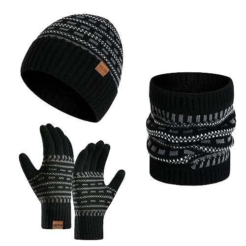 Daysskk Mütze Schal Handschuhe set Herren Warmes Set Wintermütze Beanie Herren Touchscreen Handschuhe Strickmütze Herren Winter Weihnachtsgeschenke für Männer Schwarz von Daysskk