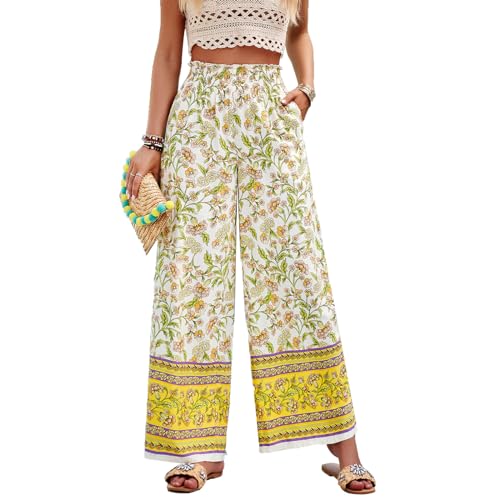 Daysskk Palazzo Hose Damen Boho Weite Hose Damen Blumen Sommer High Waist Strandhose Damen Sommer mit Taschen Sommerhose Damen Leicht Hose Damen Sommer Viskose XL von Daysskk