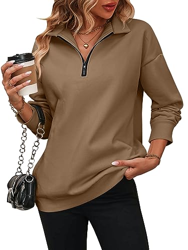 Daysskk Quarter Zip Sweatshirt Damen Oversized Sweatshirt Damen Ohne Kapuze Braun Oversize Pullover Damen mit Innen Fleecefutter Sweatshirt Damen Kurz M von Daysskk