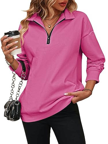 Daysskk Quarter Zip Sweatshirt Damen Oversized Sweatshirt Damen Ohne Kapuze Rose Oversize Pullover Damen mit Innen Fleecefutter Sweatshirt Damen Kurz M von Daysskk