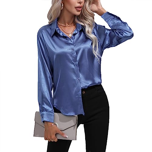 Daysskk Satin Bluse Damen Blau V-Ausschnitt Elegant Langarm Oberteil Seide Blusen Buissenes L von Daysskk