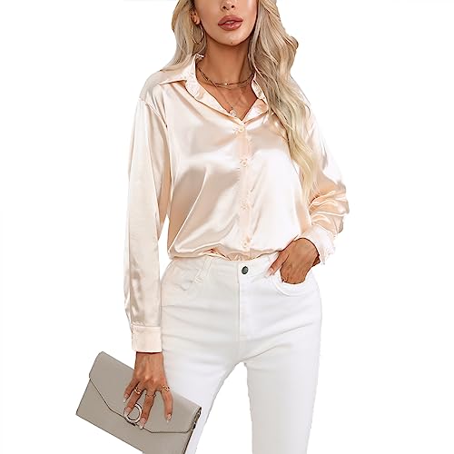 Daysskk Satin Bluse Damen Champagne V-Ausschnitt Elegant Langarm Oberteil Seide Blusen Buissenes S von Daysskk