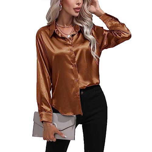 Daysskk Satin Bluse Damen Dunkelbraun V-Ausschnitt Bluse Damen Elegant Langarm Oberteil Damen Elegant Seide Blusen Buissenes Damen Elegant L von Daysskk