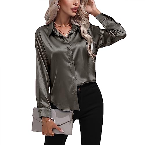 Daysskk Satin Bluse Damen Dunkelgrau V-Ausschnitt Bluse Damen Elegant Langarm Oberteil Damen Elegant Seide Blusen Buissenes Damen Elegant L von Daysskk