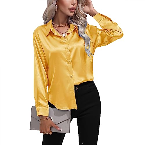 Daysskk Satin Bluse Damen Gelb V-Ausschnitt Bluse Damen Elegant Langarm Oberteil Damen Elegant Seide Blusen Buissenes Damen Elegant L von Daysskk