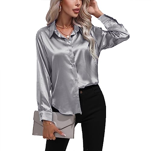 Daysskk Satin Bluse Damen Grau V-Ausschnitt Elegant Langarm Oberteil Seide Blusen Buissenes M von Daysskk