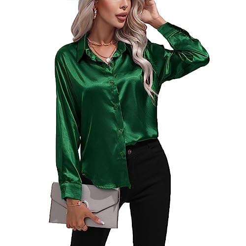 Daysskk Satin Bluse Damen Grün V-Ausschnitt Elegant Langarm Oberteil Seide Blusen Buissenes L von Daysskk