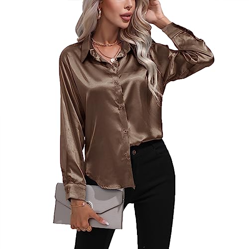 Daysskk Satin Bluse Damen Hellbraun V-Ausschnitt Elegant Langarm Oberteil Seide Blusen Buissenes L von Daysskk