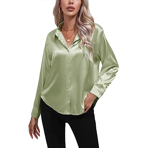Daysskk Satin Bluse Damen Hellgrün V-Ausschnitt Elegant Langarm Oberteil Seide Blusen Buissenes L von Daysskk