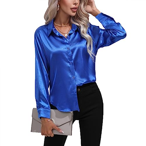 Daysskk Satin Bluse Damen Königsblau V-Ausschnitt Bluse Damen Elegant Langarm Oberteil Damen Elegant Seide Blusen Buissenes Damen Elegant M von Daysskk