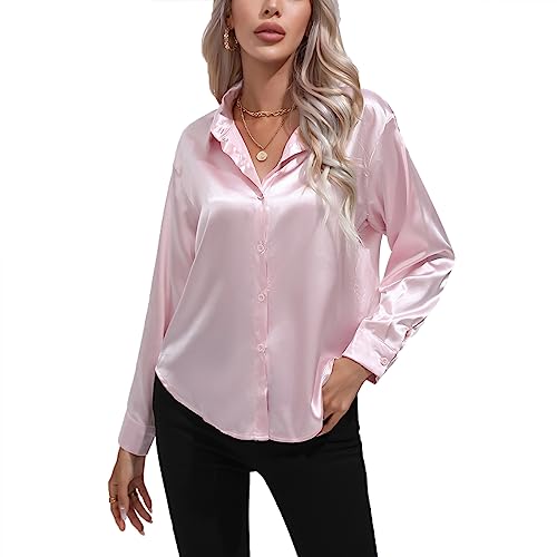 Daysskk Satin Bluse Damen Rosa V-Ausschnitt Bluse Damen Elegant Langarm Oberteil Damen Elegant Seide Blusen Buissenes Damen Elegant M von Daysskk