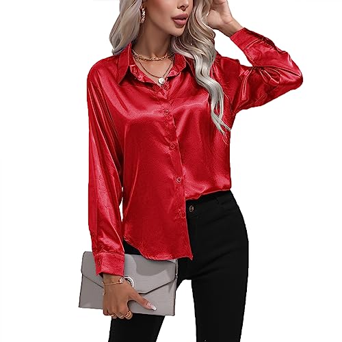 Daysskk Satin Bluse Damen Rot V-Ausschnitt Bluse Damen Elegant Langarm Oberteil Damen Elegant Seide Blusen Buissenes Damen Elegant L von Daysskk