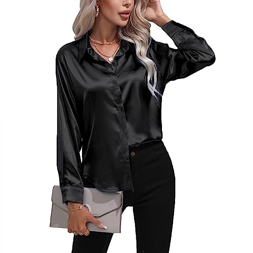 Daysskk Satin Bluse Damen Schwarz V-Ausschnitt Elegant Langarm Oberteil Seide Blusen Buissenes XL von Daysskk