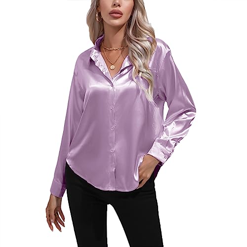 Daysskk Satin Bluse Damen Violett V-Ausschnitt Bluse Damen Elegant Langarm Oberteil Damen Elegant Seide Blusen Buissenes Damen Elegant L von Daysskk