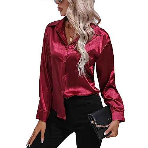 Daysskk Satin Bluse Damen Weinrot V-Ausschnitt Bluse Damen Elegant Langarm Oberteil Damen Elegant Seide Blusen Buissenes Damen Elegant L von Daysskk