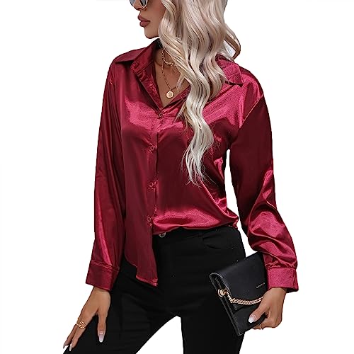 Daysskk Satin Bluse Damen Weinrot V-Ausschnitt Elegant Langarm Oberteil Seide Blusen Buissenes S von Daysskk
