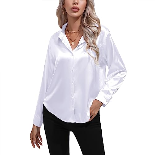 Daysskk Satin Bluse Damen Weiss V-Ausschnitt Bluse Damen Elegant Langarm Oberteil Damen Elegant Seide Blusen Buissenes Damen Elegant L von Daysskk