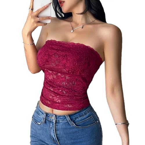 Daysskk Schulterfrei Tube Top Damen Ärmellos Bandeau Top Damen Burgunderrot Sommer Tops Spitze Y2K Cami Shirts M von Daysskk
